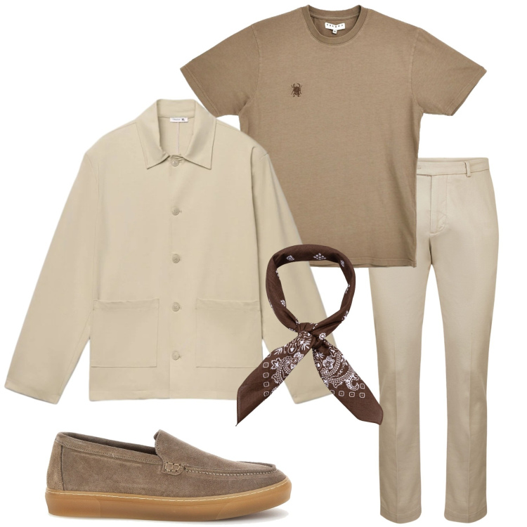 Outfit uomo - Tonalità sabbia e terra. Stile Urban per Tutti i giorni. Abbinamento con cappotti, pantaloni, sciarpe e foulard, scarpe stringate, t-shirt.