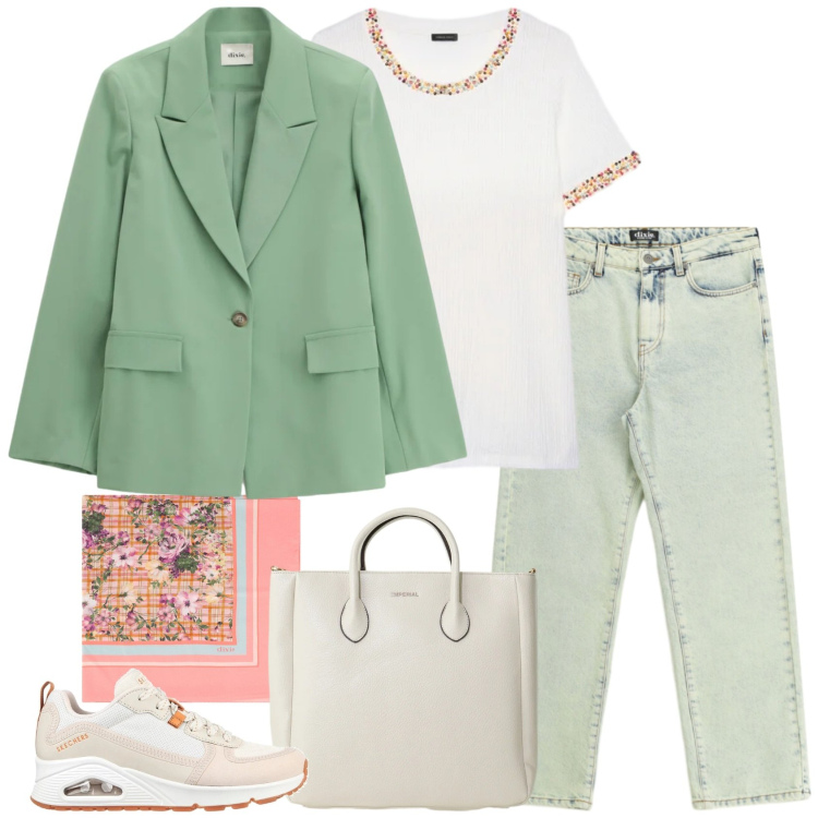 Outfit donna - Fiorisce maggio. Stile Casual per Ufficio. Abbinamento con borse a tracolla, blazer, foulard, jeans dritti, t-shirt, sneakers alte.