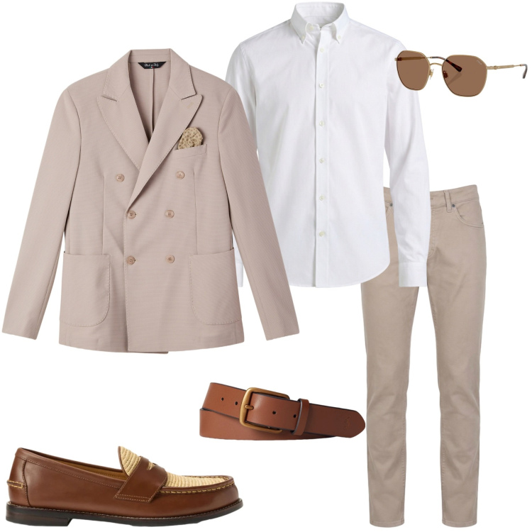Outfit uomo - Tonalità sabbia e terra. Stile Business/Elegante per Cerimonia. Abbinamento con giacche, camicie, pantaloni, cinture, scarpe stringate, occhiali da sole.