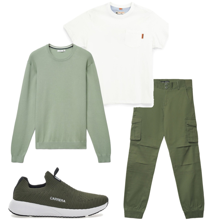 Outfit uomo - Casual style. Stile Casual per Tutti i giorni. Abbinamento con maglieria, pantaloni cargo, t-shirt, sneakers.
