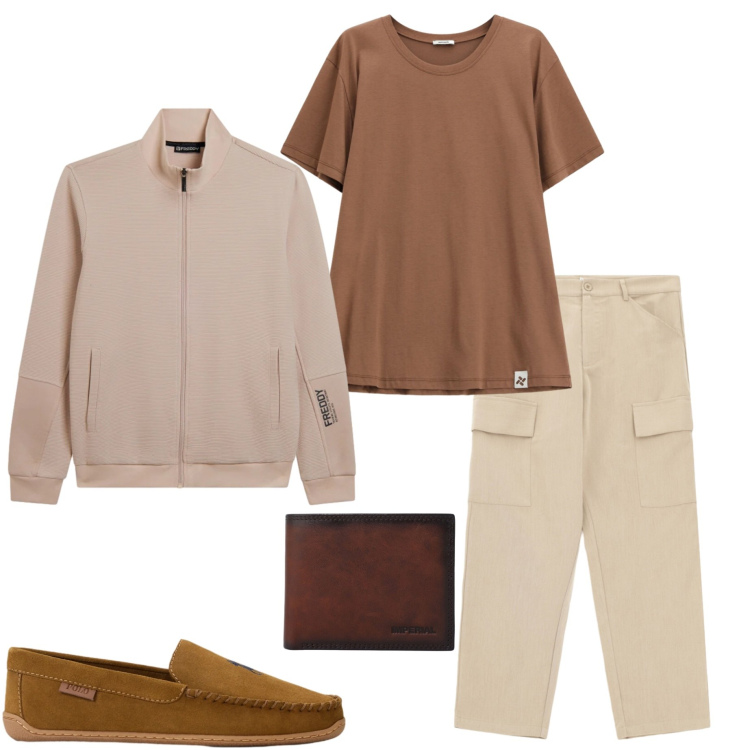 Outfit uomo - Maggio. Stile Casual per Tutti i giorni. Abbinamento con pantaloni cargo, portafogli, t-shirt, felpe, scarpe stringate.