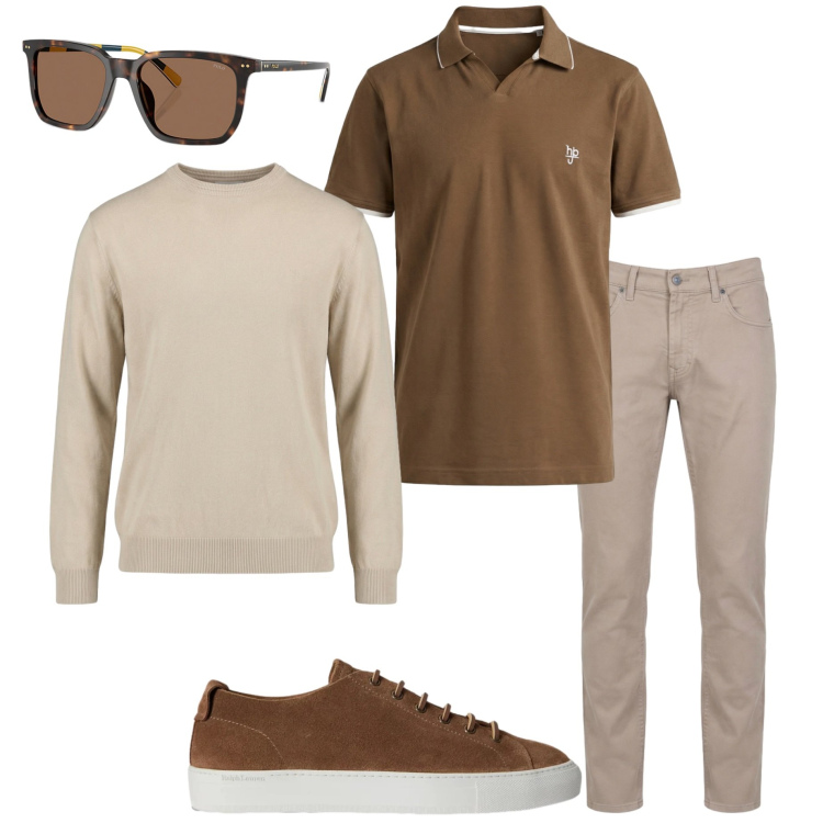 Outfit uomo - In ufficio. Stile Casual per Ufficio. Abbinamento con pantaloni, polo, maglieria, occhiali da sole, sneakers.