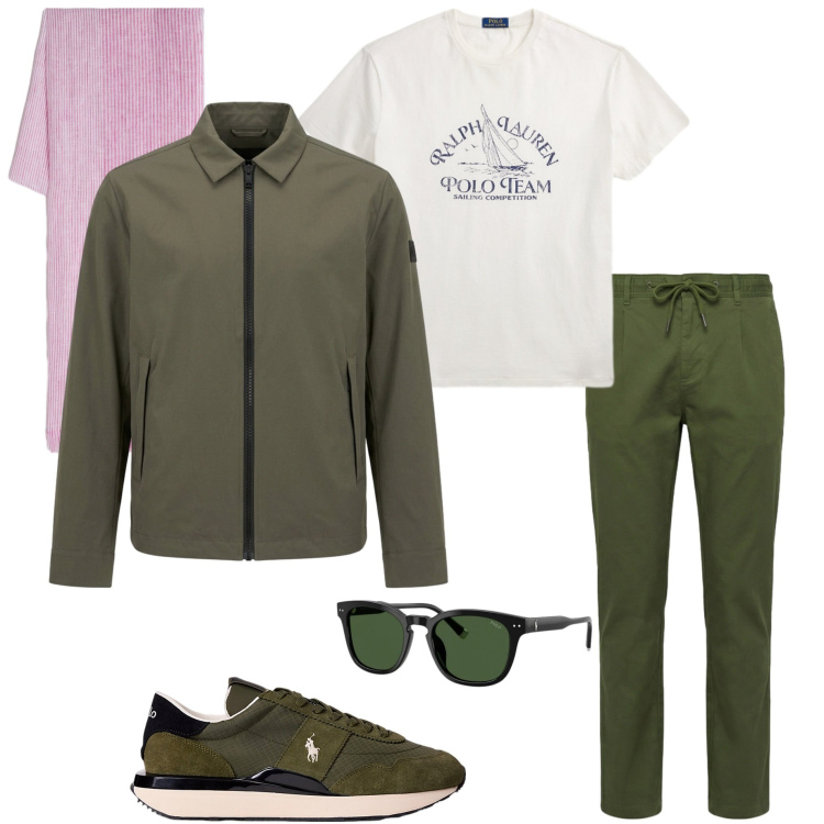 Outfit uomo - Con lo scooter in città. Stile Urban per Tutti i giorni. Abbinamento con sciarpe, pantaloni, sneakers, t-shirt, occhiali da sole, cappotti.