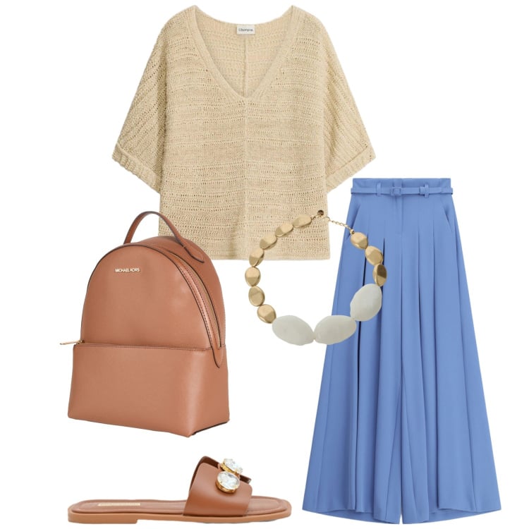 Outfit donna - Total look #2397381. Stile Minimal per Tutti i giorni. Abbinamento con zaini, t-shirt, pantaloni a palazzo, sandali gioiello, collane.