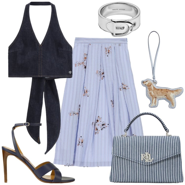 Outfit donna - Aperitivo tra amiche. Stile Romantica per Tutti i giorni. Abbinamento con top, gonne lunghe, sandali col tacco, portachiavi, borse a mano, anelli.