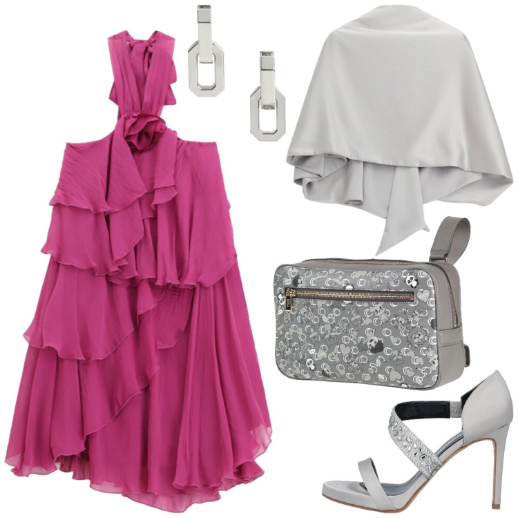 Outfit donna - Rosa importante. Stile Romantica per Serata fuori. Abbinamento con marsupi, sandali in pelle, scialli, vestiti corti, orecchini.