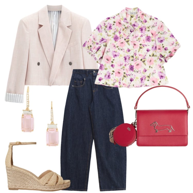 Outfit donna - Maggio in rosa. per Tutti i giorni. Abbinamento con borse a tracolla, camicie a manica corta, blazer, jeans, orecchini, espadrillas.