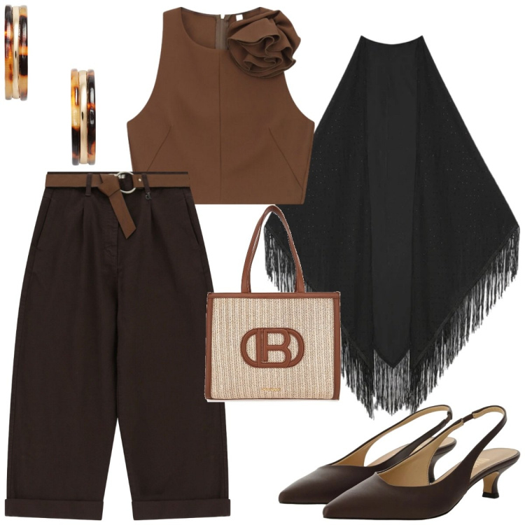 Outfit donna - Il foulard cambia tutto. Stile Casual chic per Tutti i giorni. Abbinamento con top, décolleté, pantaloni, foulard, orecchini, borse a spalla.