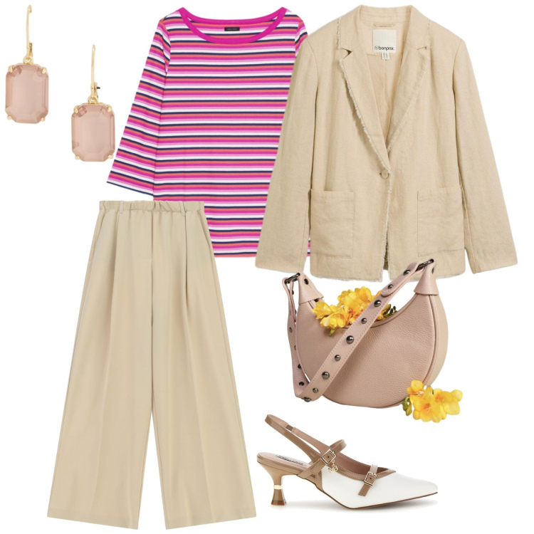 Outfit donna - Maggio in rosa. per Ufficio. Abbinamento con blazer, pantaloni a palazzo, borse a spalla, t-shirt, orecchini, décolleté.