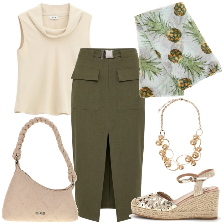 Outfit donna - Foulard realistico. Stile Casual chic per Tutti i giorni. Abbinamento con gonne longuette, top, collane, zeppe, foulard, borse a spalla.