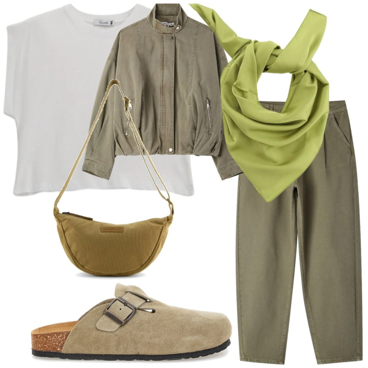 Outfit donna - Color kaki. Stile Casual per Tutti i giorni. Abbinamento con bomber, pantaloni, foulard, top, sabot, borse a tracolla.