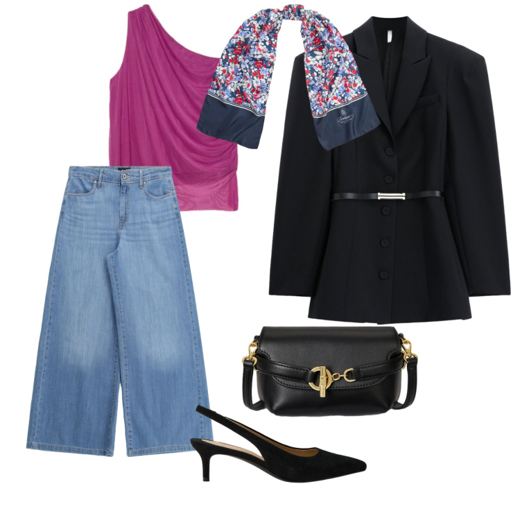 Outfit donna - Un foulard. per Serata fuori. Abbinamento con blazer, jeans, top, borse a tracolla, foulard, décolleté.
