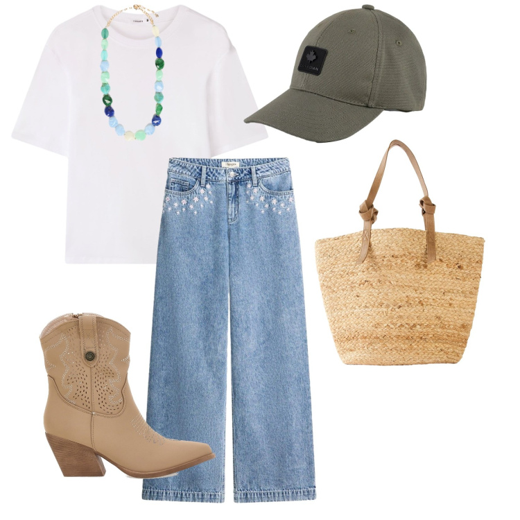 Outfit donna - Boho tempo libero. per Tutti i giorni. Abbinamento con jeans, shopping bag, t-shirt, collane, cappelli con visiera, stivaletti texani.