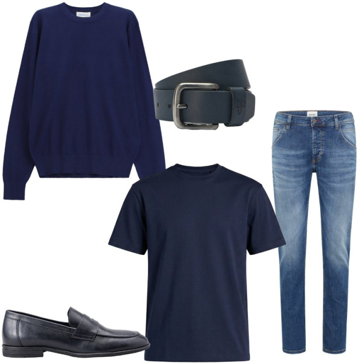 Outfit uomo - Serata Primaverile. Stile Urban per Tutti i giorni. Abbinamento con jeans dritti, maglieria, t-shirt, cinture, scarpe stringate.
