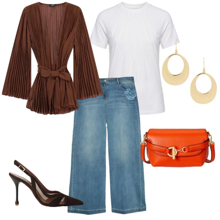 Outfit donna - Natural per un giorno festivo. per Tutti i giorni. Abbinamento con t-shirt, décolleté, blazer, jeans, borse a tracolla, orecchini.