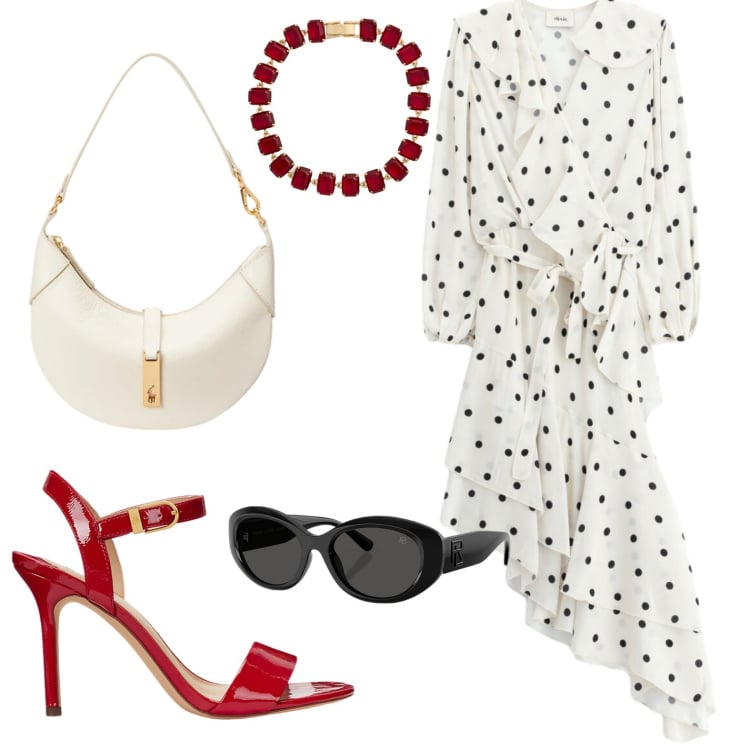 Outfit donna - Invito a pranzo. Stile Glamour per Serata fuori. Abbinamento con vestiti midi/longuette, sandali col tacco, occhiali da sole, braccialetti, borse a spalla.