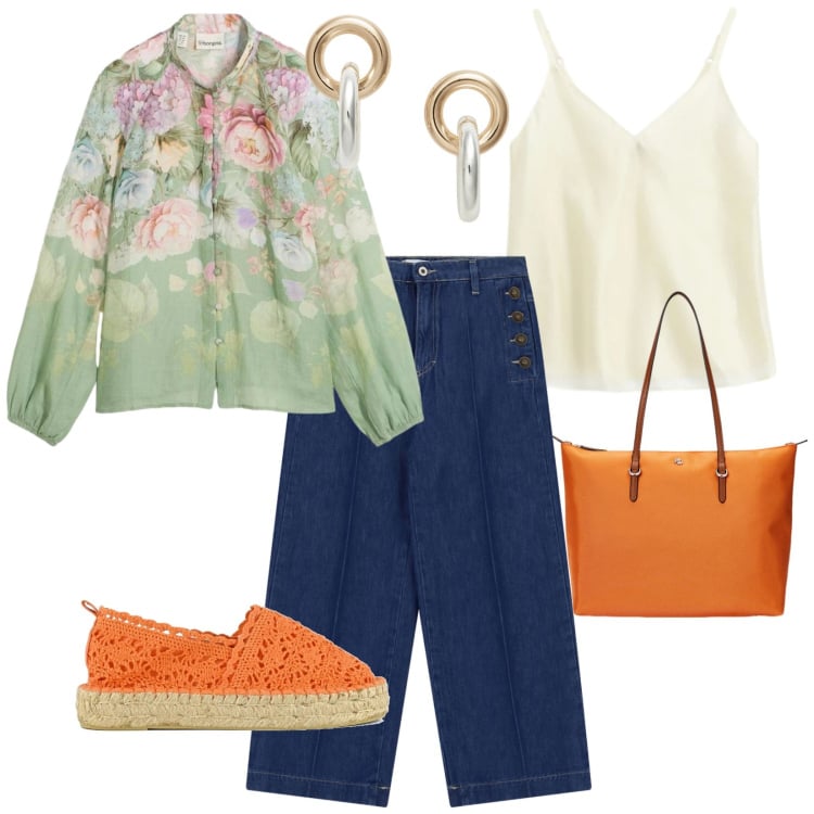 Outfit donna - Giornate di primavera. per Tutti i giorni. Abbinamento con bluse, jeans, top, borse tote, orecchini, espadrillas.