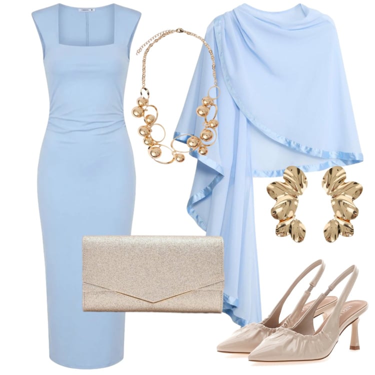 Outfit donna - Celeste mood. Stile Chic per Cerimonia. Abbinamento con stole, vestiti midi/longuette, clutch, orecchini, collane, décolleté.