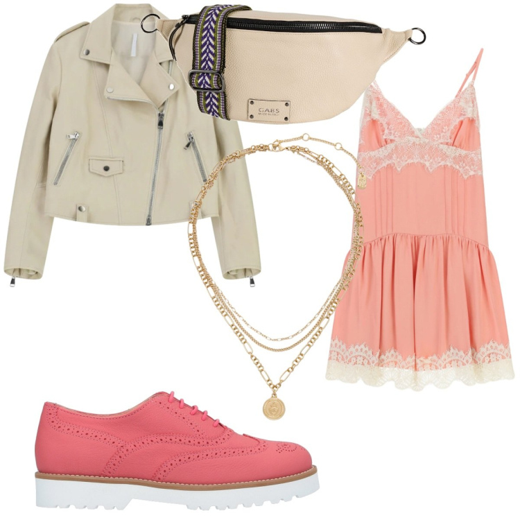 Outfit donna - Rosa pesca. Stile Romantica per Tutti i giorni. Abbinamento con marsupi, scarpe stringate, giacche, vestiti corti, ciondoli.