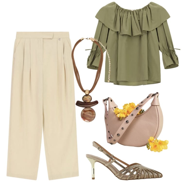 Outfit donna - Total look #2397425. Stile Chic per Cerimonia. Abbinamento con borse a spalla, décolleté, camicie, pantaloni a palazzo, ciondoli.