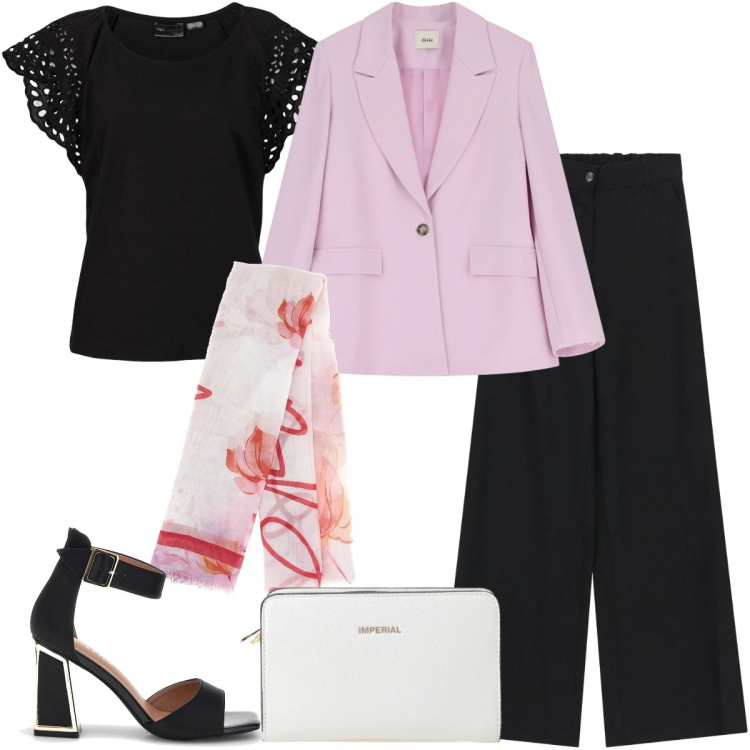 Outfit donna - Look da aperitivo primaverile. Stile Casual chic per Serata fuori. Abbinamento con bluse, borse a tracolla, blazer, pantaloni, foulard, sandali col tacco.