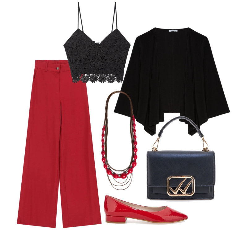 Outfit donna - Maggio. Stile Chic per Serata fuori. Abbinamento con top, pantaloni, collane, blazer, borse a tracolla, ballerine.