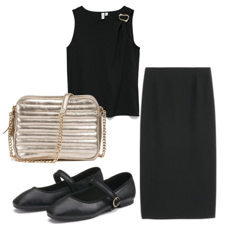 Outfit mujer - Casual chic. Estilo Casual chic para Todos los días. Combinación con faldas largas, bolsos de hombro, top, bailarinas.