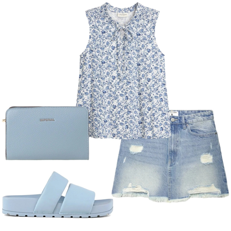 Outfit donna - Total look #2397439. Stile Casual per Tutti i giorni. Abbinamento con top, minigonne, borse a tracolla, ciabatte.