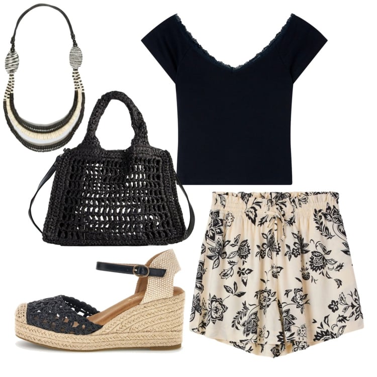 Outfit donna - Total look #2397442. Stile Romantica per Mare. Abbinamento con borse a tracolla, shorts, canottiere, collane, zeppe.