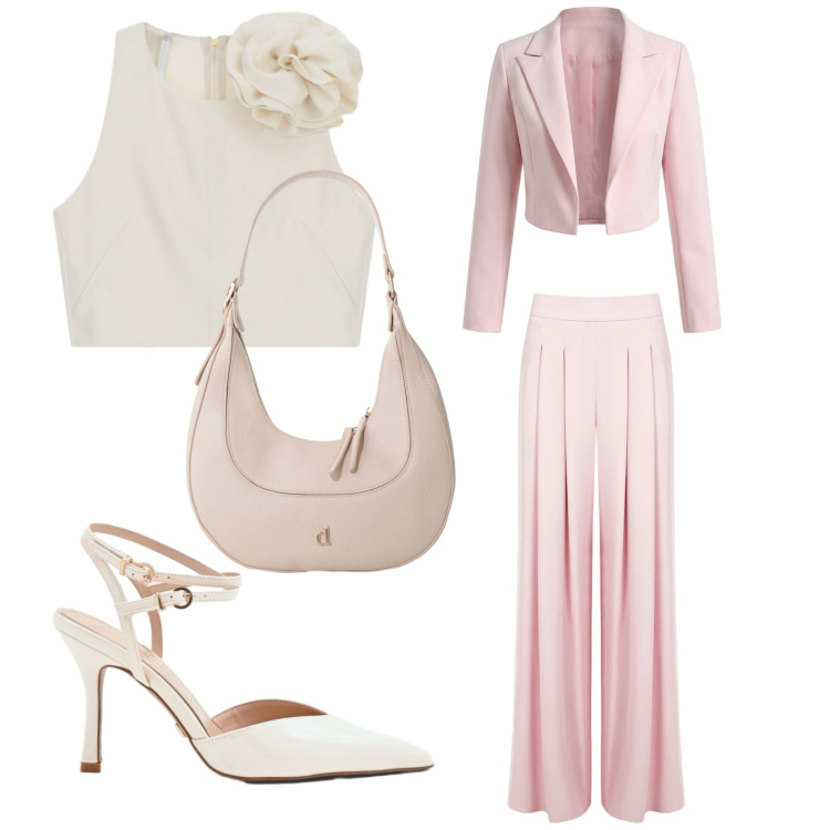 Outfit donna - Il tallier rosa. Stile Casual chic per Cerimonia. Abbinamento con canottiere, bolero, décolleté, pantaloni a palazzo, borse a tracolla.