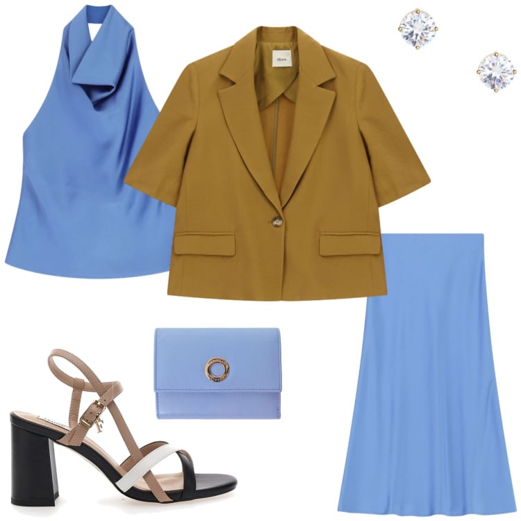 Outfit donna - Look da aperitivo primaverile. Stile Glamour per Serata fuori. Abbinamento con gonne longuette, top, portafogli, blazer, orecchini, sandali col tacco.
