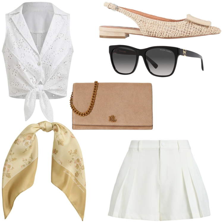 Outfit donna - Anni 60 vibes. Stile Vintage retrò per Tutti i giorni. Abbinamento con ballerine, top, occhiali da sole, minigonne, foulard, borse a tracolla.