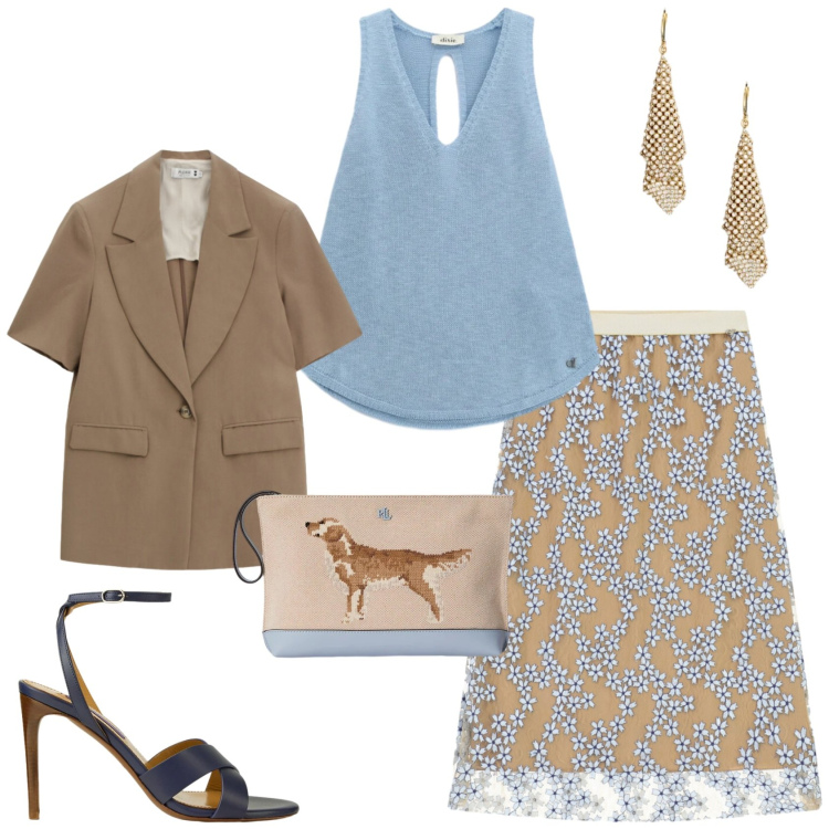 Outfit donna - Look da aperitivo primaverile. Stile Glamour per Serata fuori. Abbinamento con blazer, gonne longuette, top, sandali col tacco, orecchini, pochette.
