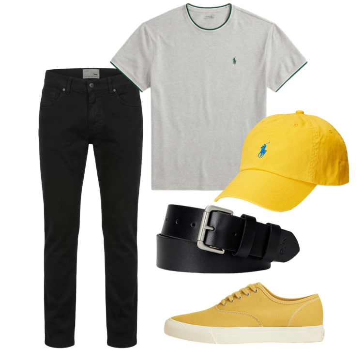 Outfit uomo - Maggio. Stile Casual per Tutti i giorni. Abbinamento con pantaloni, cinture, sneakers, t-shirt, cappelli con visiera.