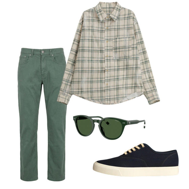 Outfit uomo - Maggio. Stile Casual per Tutti i giorni. Abbinamento con camicie, pantaloni, sneakers, occhiali da sole.