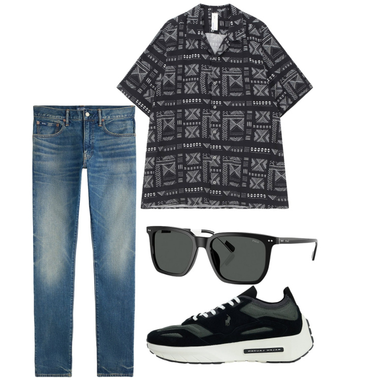 Outfit uomo - Maggio. Stile Casual per Tutti i giorni. Abbinamento con camicie a manica corta, occhiali da sole, sneakers, jeans.