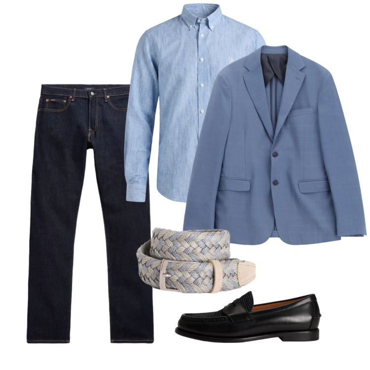 Outfit uomo - Maggio chic lui. Stile Casual per Serata speciale. Abbinamento con cinture, camicie, giacche, jeans, scarpe stringate.