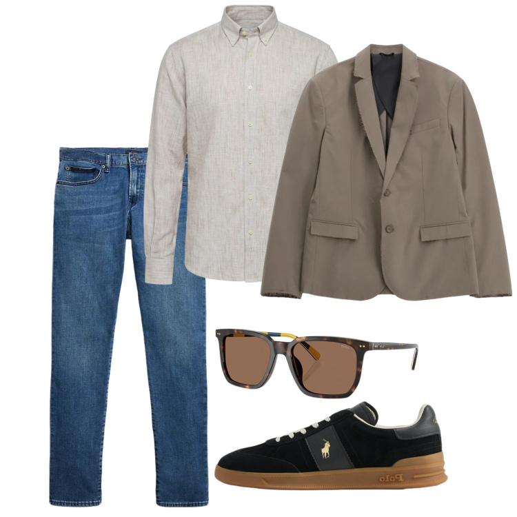 Outfit uomo - Domenica mattina. Stile Casual per Tutti i giorni. Abbinamento con giacche, camicie, jeans, sneakers, occhiali da sole.