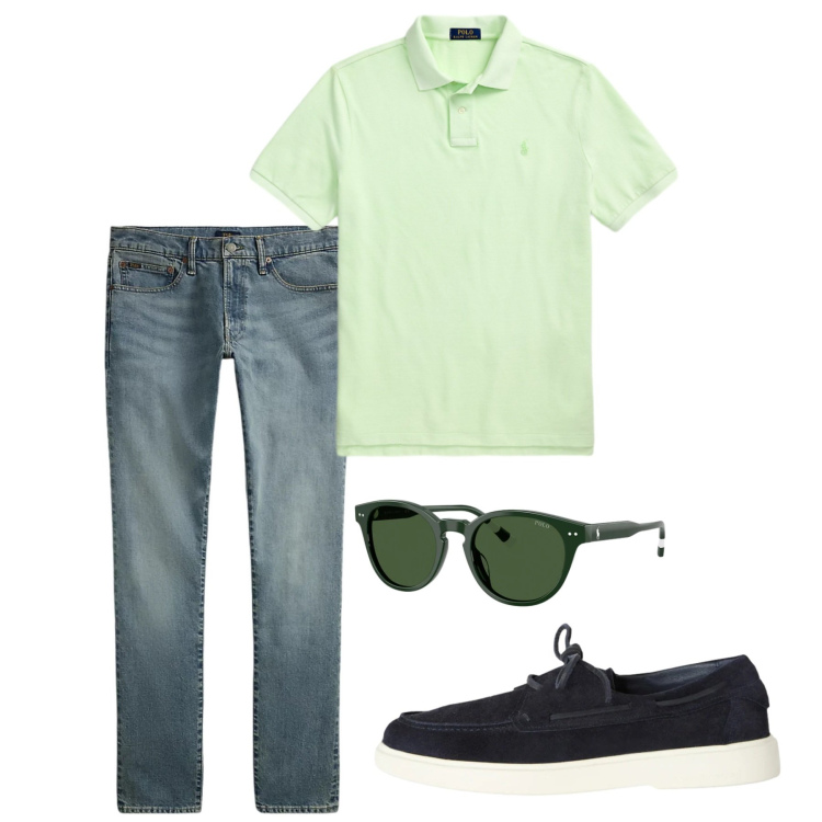 Outfit uomo - Maggio. Stile Casual per Tutti i giorni. Abbinamento con scarpe stringate, jeans, occhiali da sole, polo.