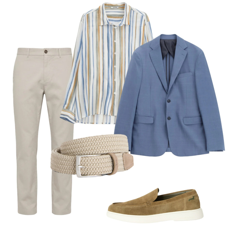Outfit uomo - Maggio. Stile Casual per Tutti i giorni. Abbinamento con camicie, giacche, cinture, scarpe stringate, pantaloni.