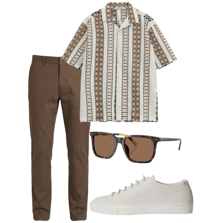 Outfit uomo - Maggio. Stile Casual per Tutti i giorni. Abbinamento con camicie a manica corta, pantaloni, sneakers, occhiali da sole.