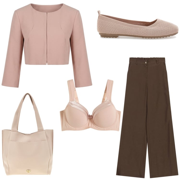 Outfit donna - Romantica in ufficio. Stile Chic per Tutti i giorni. Abbinamento con reggiseni, bolero, pantaloni, ballerine, borse a spalla.