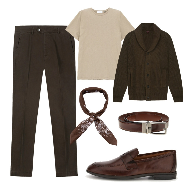 Outfit uomo - Armonioso e sofisticato. Stile Casual per Tutti i giorni. Abbinamento con t-shirt, pantaloni chino, cardigans, sciarpe e foulard, cinture, scarpe stringate.