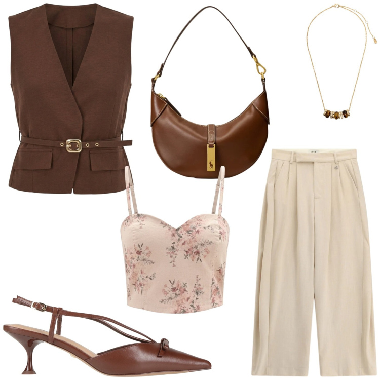 Outfit donna - Perfetta dall\' ufficio all\' aperitivo. Stile Glamour per Ufficio. Abbinamento con décolleté, canottiere, gilet, pantaloni a palazzo, collane, borse a spalla.