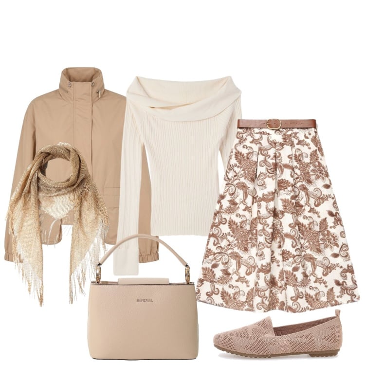 Outfit donna - Delicate tinte naturali. Stile Chic per Tutti i giorni. Abbinamento con bomber, maglieria, gonne lunghe, canottiere, borse a secchiello, ballerine.
