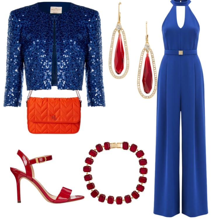 Outfit donna - Red details. Stile Chic per Cerimonia. Abbinamento con tute, bolero, braccialetti, sandali col tacco, orecchini, borse a tracolla.