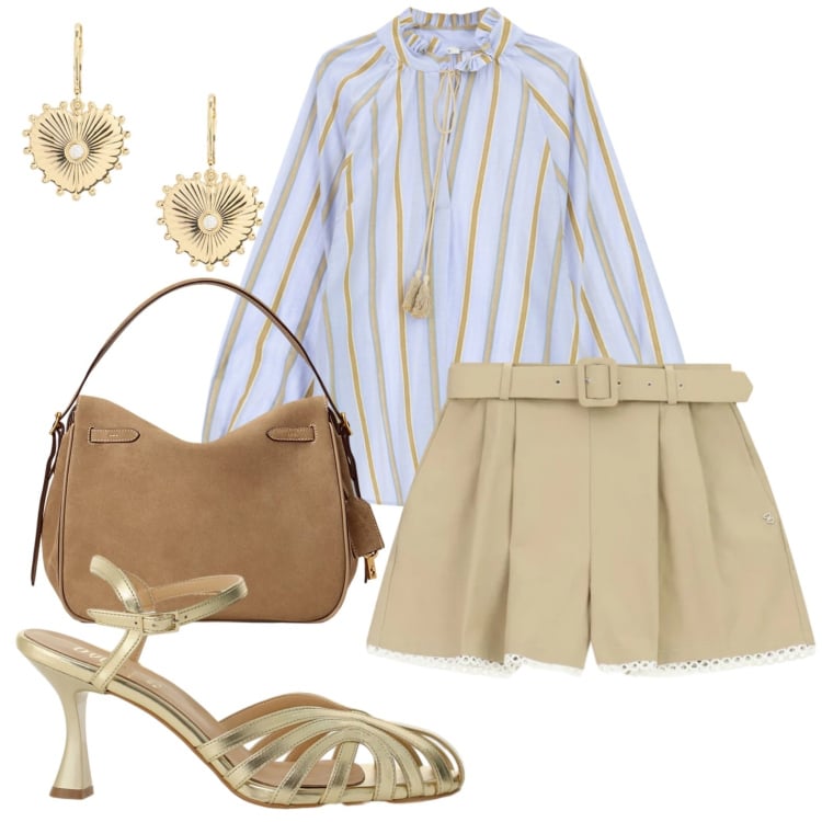 Outfit donna - Un po\' ufficio un po\' serata. Stile Trendy per Serata fuori. Abbinamento con shorts, bluse, sandali col tacco, borse a mano, orecchini.