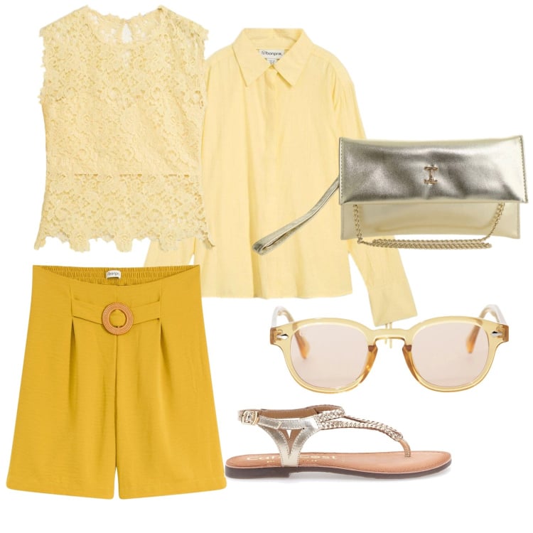 Outfit donna - Pranzetto in riva al mare. Stile Trendy per Mare. Abbinamento con shorts, canottiere, camicie, borse a tracolla, occhiali da sole, sandali.