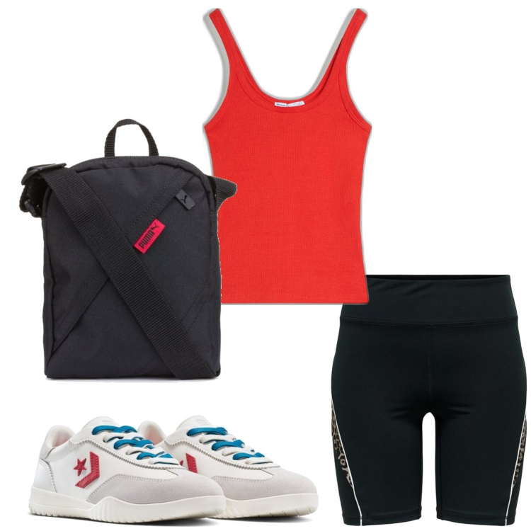 Outfit mujer - Casual. Estilo Casual para Deporte. Combinación con sneakers, shorts, camiseta, bandoleras.