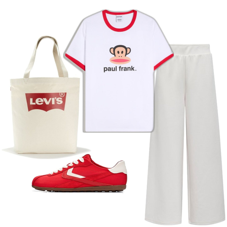 Outfit mujer - Casual look. Estilo Casual para Todos los días. Combinación con camiseta, sneakers, bolso tote, pantalones.